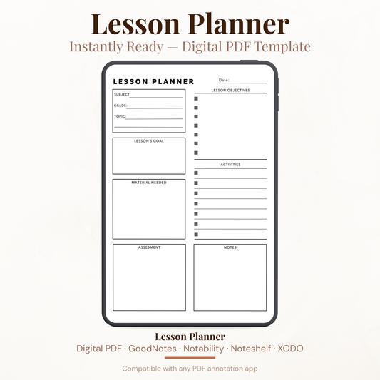 Digital lesson planner PDF template shown inside a smartphone mockup on a light beige background. The planner page includes fields for subject, grade, topic, lesson objectives, lesson goal, activities, material needed, assessment, and notes.