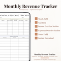 Digital monthly revenue tracker PDF shown on iPad featuring a clean minimalist white and lavender blue design with month and year fields income overview section with source gross income refunds net income and notes columns and expenses overview section with category amount and notes columns — compatible with GoodNotes Notability Noteshelf XODO Samsung Notes and Kindle Scribe