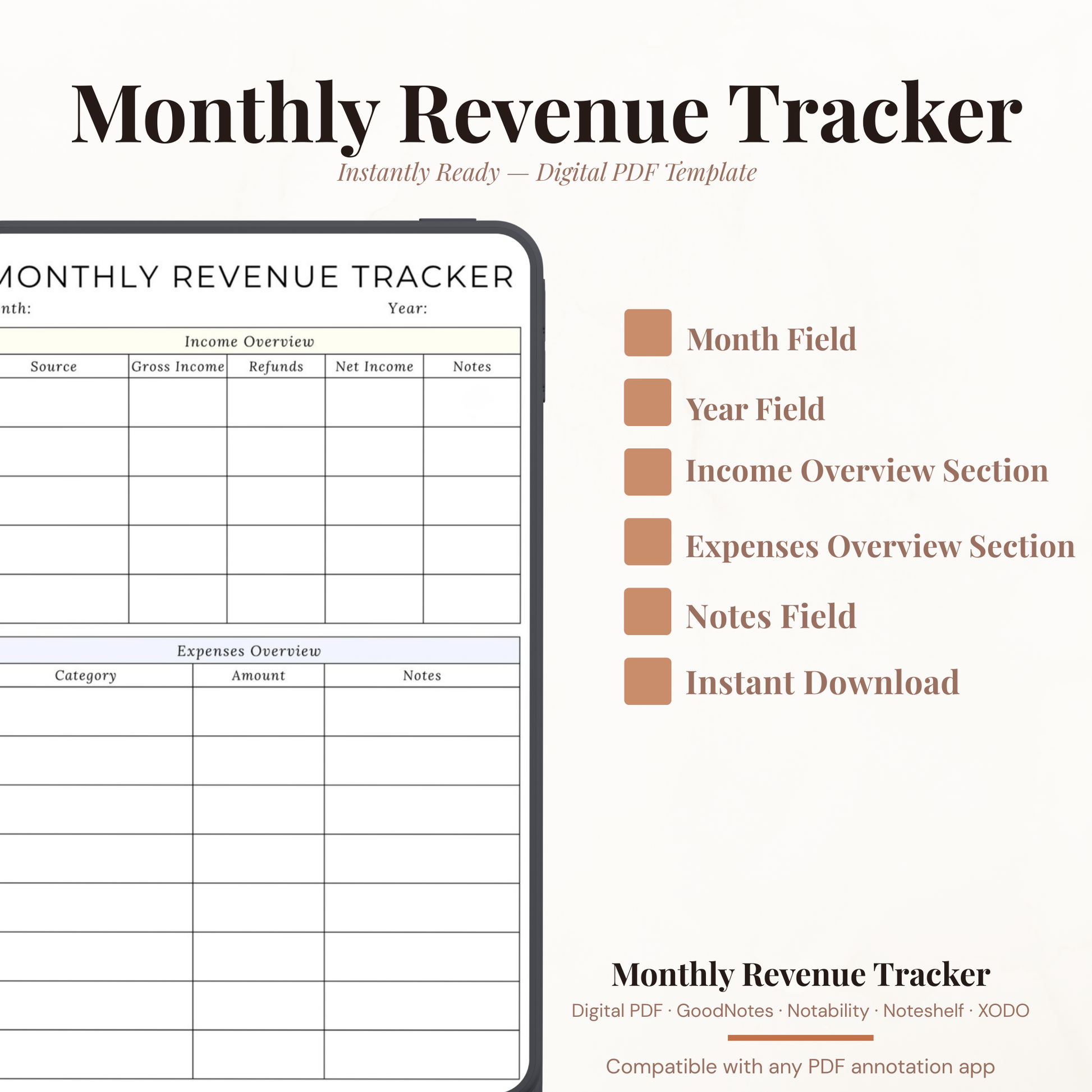 Digital monthly revenue tracker PDF shown on iPad featuring a clean minimalist white and lavender blue design with month and year fields income overview section with source gross income refunds net income and notes columns and expenses overview section with category amount and notes columns — compatible with GoodNotes Notability Noteshelf XODO Samsung Notes and Kindle Scribe