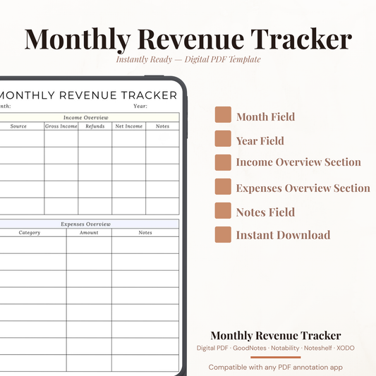 Digital monthly revenue tracker PDF shown on iPad featuring a clean minimalist white and lavender blue design with month and year fields income overview section with source gross income refunds net income and notes columns and expenses overview section with category amount and notes columns — compatible with GoodNotes Notability Noteshelf XODO Samsung Notes and Kindle Scribe
