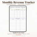 Digital product preview of a Monthly Revenue Tracker PDF template, showing a clean printable table layout with columns for source, gross amount, refund, net income, notes, category, and amount on a light beige background.