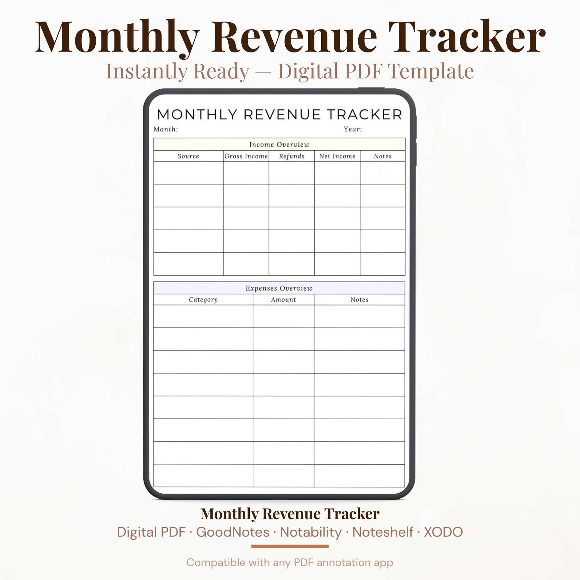 Digital product preview of a Monthly Revenue Tracker PDF template, showing a clean printable table layout with columns for source, gross amount, refund, net income, notes, category, and amount on a light beige background.