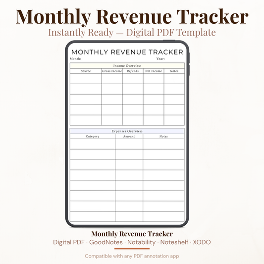 Digital product preview of a Monthly Revenue Tracker PDF template, showing a clean printable table layout with columns for source, gross amount, refund, net income, notes, category, and amount on a light beige background.