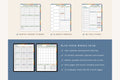 A promotional graphic for a printable planner set showing sample pages for monthly budget planner, 53 weekly spreads, 365 daily pages, and two larger interior spreads on a dark blue panel with feature bullet points. No person, animal, or real environment is present, so this is Product/Packaging rather than Lifestyle.