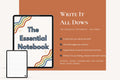 Digital product mockup for 'The Essential Notebook' showing a tablet with the cover design and a smaller tablet with lined pages, alongside text describing the 126-page journaling notebook on a terracotta and cream background.