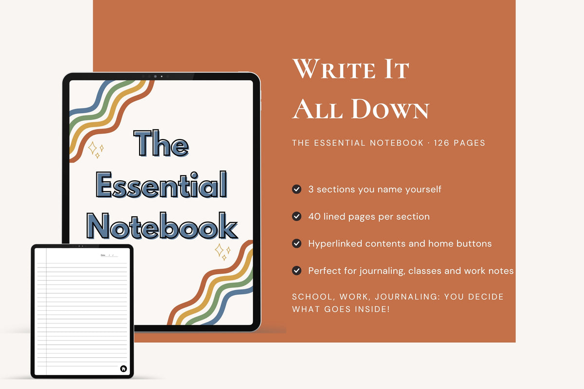Digital product mockup for 'The Essential Notebook' showing a tablet with the cover design and a smaller tablet with lined pages, alongside text describing the 126-page journaling notebook on a terracotta and cream background.