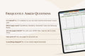A digital product mockup showing a tablet with a January budget planner page displayed on screen, next to a text panel titled 'FREQUENTLY ASKED QUESTIONS' on a beige background.
