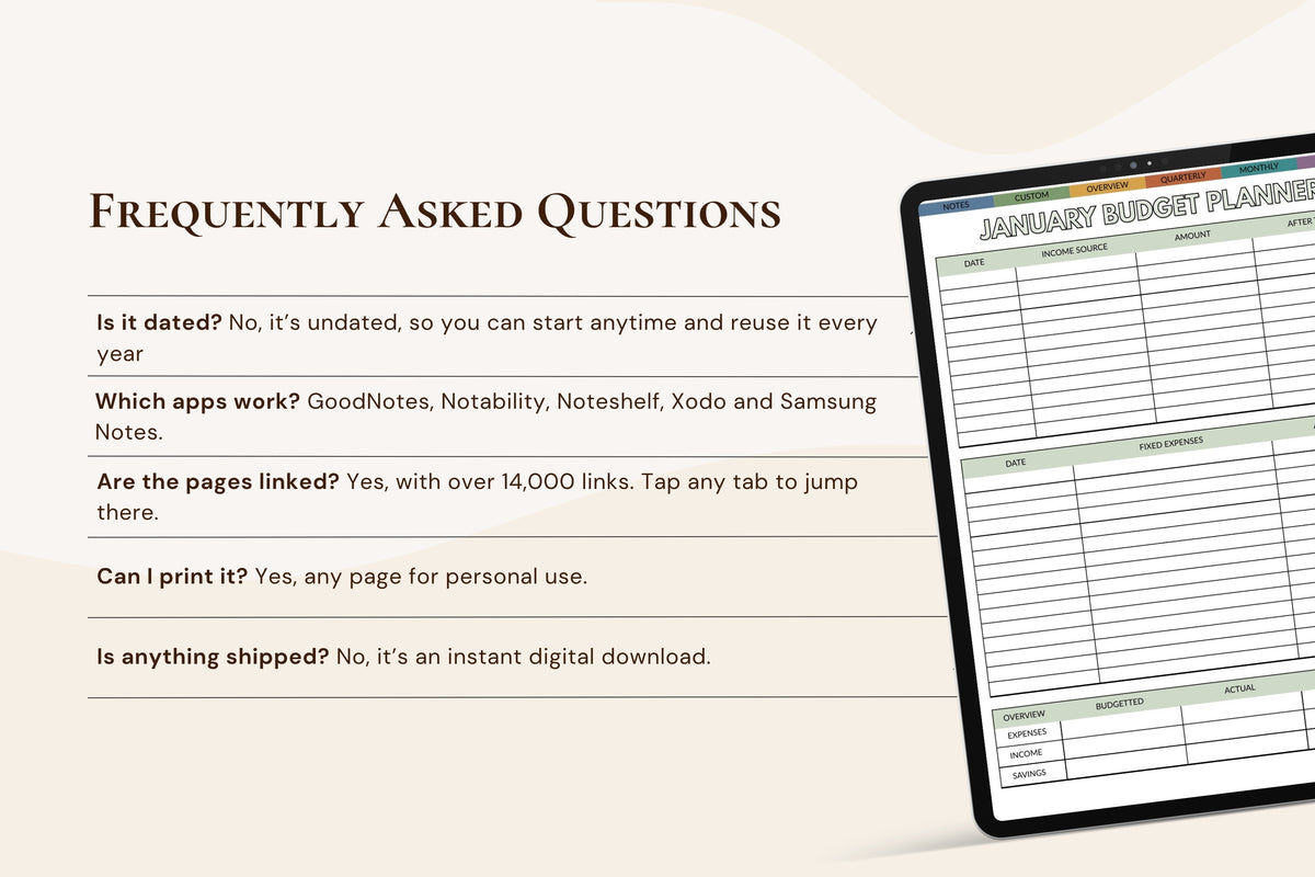 A digital product mockup showing a tablet with a January budget planner page displayed on screen, next to a text panel titled 'FREQUENTLY ASKED QUESTIONS' on a beige background.