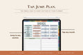 A digital planner index preview shown on a tablet screen with marketing text reading 'TAP. JUMP.