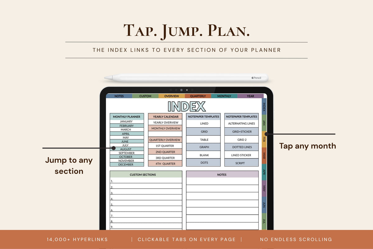 A digital planner index preview shown on a tablet screen with marketing text reading 'TAP. JUMP.