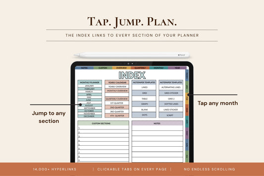 A digital planner index preview shown on a tablet screen with marketing text reading 'TAP. JUMP.