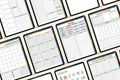 A collage of digital planner and calendar templates displayed on tablet screens, including monthly, weekly, and daily planning sheets with colorful pastel accents.