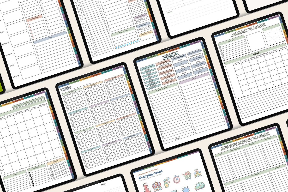 A collage of digital planner and calendar templates displayed on tablet screens, including monthly, weekly, and daily planning sheets with colorful pastel accents.
