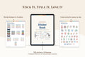 A promotional graphic for a digital planner sticker set, showing a tablet in the center labeled 'Sticker Book' with two printed sticker sheet previews on either side. Text above reads 'STICK IT, STYLE IT, LOVE IT' and callouts mention word stickers in 4 colors and cute icons for every to-do.