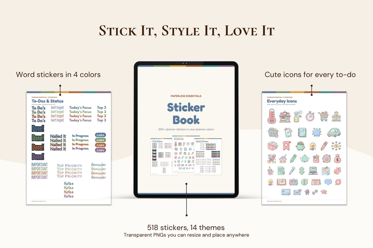A promotional graphic for a digital planner sticker set, showing a tablet in the center labeled 'Sticker Book' with two printed sticker sheet previews on either side. Text above reads 'STICK IT, STYLE IT, LOVE IT' and callouts mention word stickers in 4 colors and cute icons for every to-do.