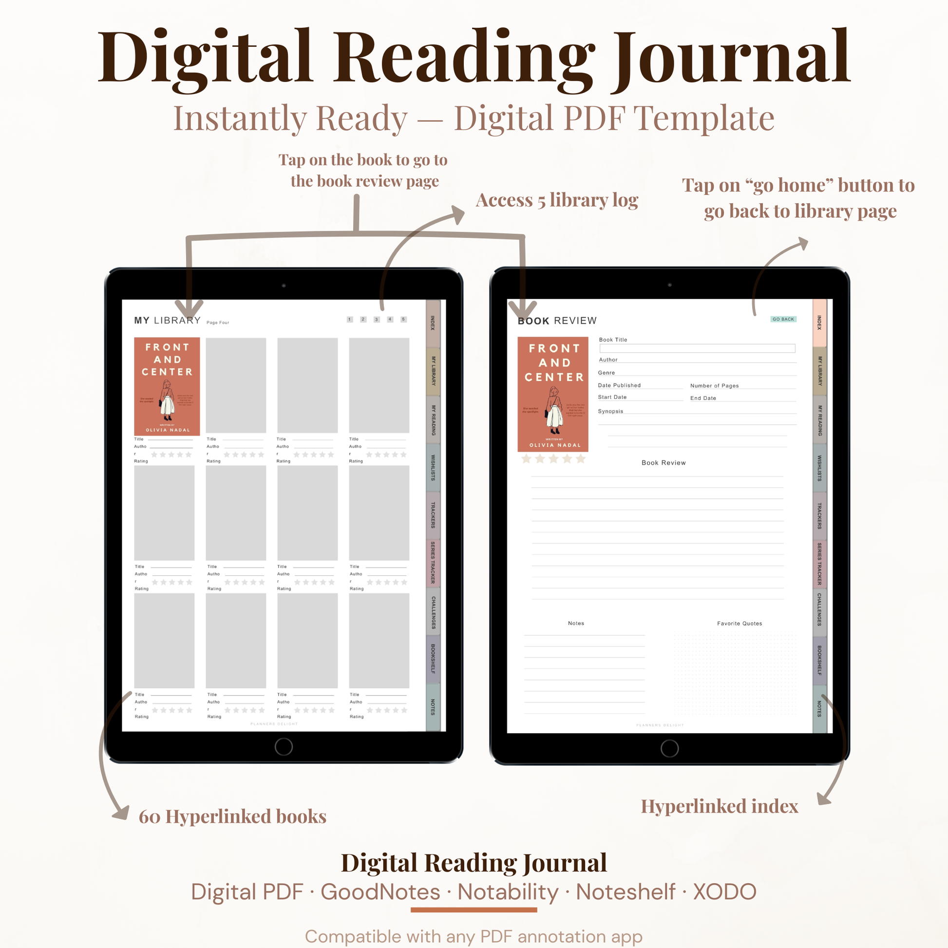 Digital Reading Journal PDF Hyperlinked for iPad - Book Tracker Reviews Series Tracker Wishlist GoodNotes Instant Download