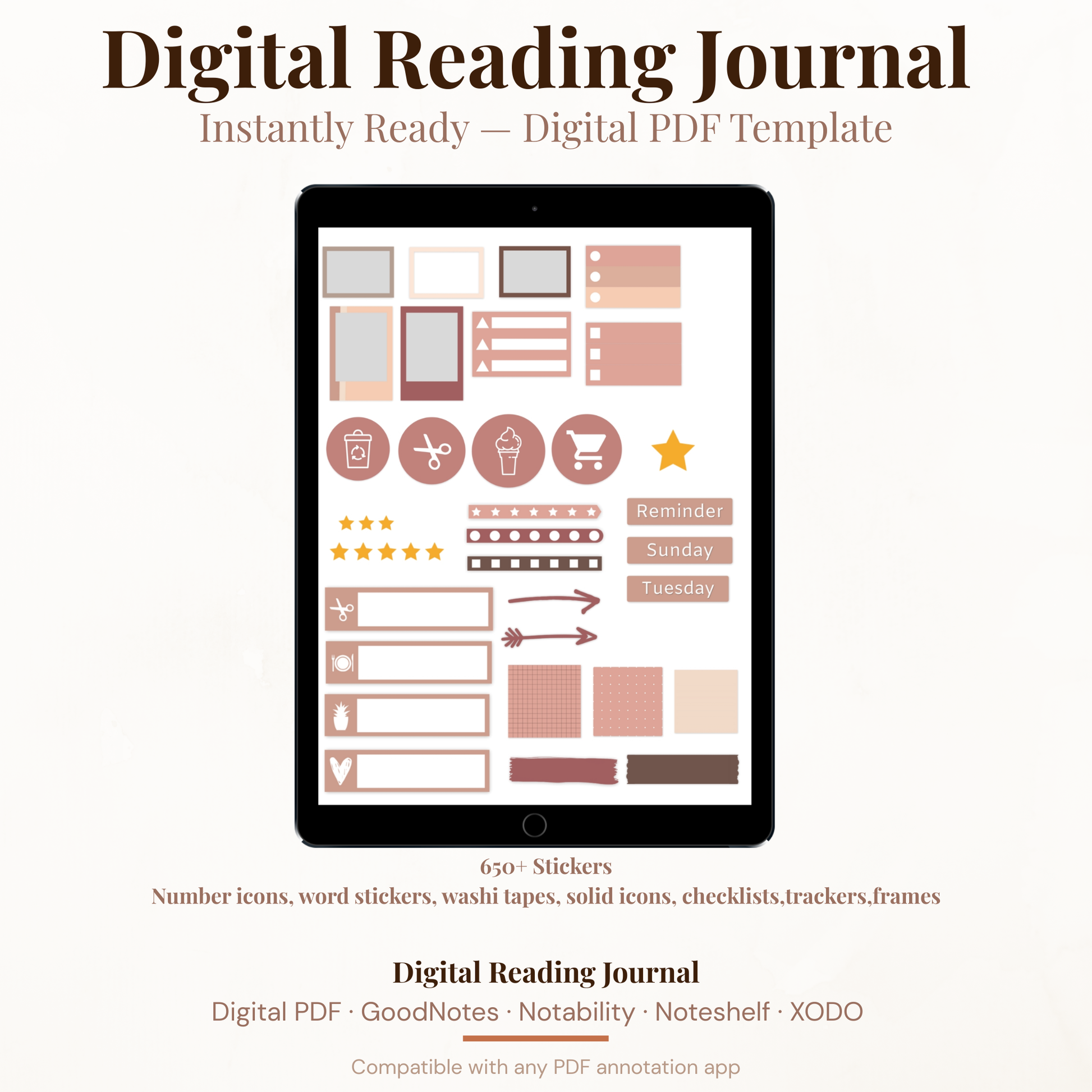 Digital Reading Journal PDF Hyperlinked for iPad - Book Tracker Reviews Series Tracker Wishlist GoodNotes Instant Download