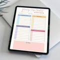 Digital teacher morning prep checklist PDF shown on iPad featuring a colorful pastel design with date field day of week selector from Monday to Sunday class and grade field today's goal field classroom setup checklist with blue checkboxes lesson prep checklist with yellow checkboxes personal and professional checklist with purple checkboxes student readiness checklist with pink checkboxes and my notes section — compatible with GoodNotes Notability Noteshelf XODO Samsung Notes and Kindle Scribe
