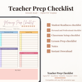 Digital teacher morning prep checklist PDF shown on iPad featuring a colorful pastel design with date field day of week selector from Monday to Sunday class and grade field today's goal field classroom setup checklist with blue checkboxes lesson prep checklist with yellow checkboxes personal and professional checklist with purple checkboxes student readiness checklist with pink checkboxes and my notes section — compatible with GoodNotes Notability Noteshelf XODO Samsung Notes and Kindle Scribe