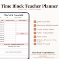 Digital product preview for a Time Block Teacher Planner PDF template, showing a smartphone mockup with a planner page layout on the left and feature callouts on the right against a light beige background.