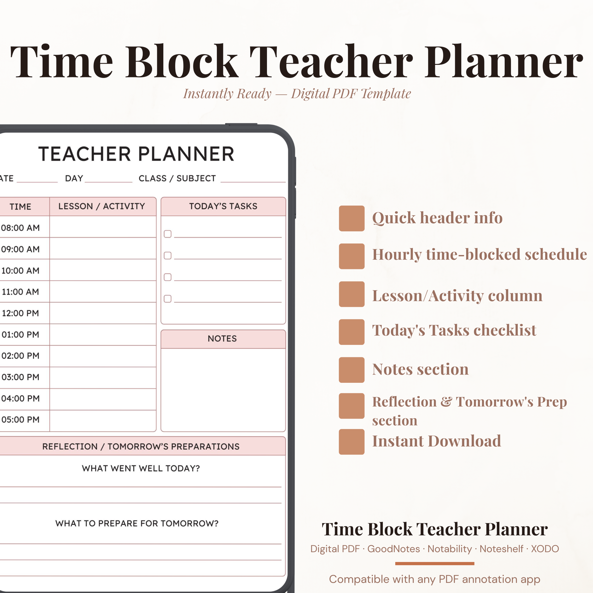 Digital product preview for a Time Block Teacher Planner PDF template, showing a smartphone mockup with a planner page layout on the left and feature callouts on the right against a light beige background.
