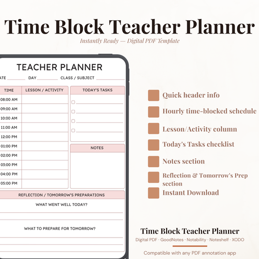 Digital product preview for a Time Block Teacher Planner PDF template, showing a smartphone mockup with a planner page layout on the left and feature callouts on the right against a light beige background.