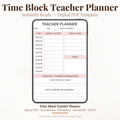 Digital PDF template preview for a Time Block Teacher Planner, shown inside a smartphone frame on a light beige background. The planner has sections for date, day, class/subject, time slots, today's tasks, notes, and reflection prompts.