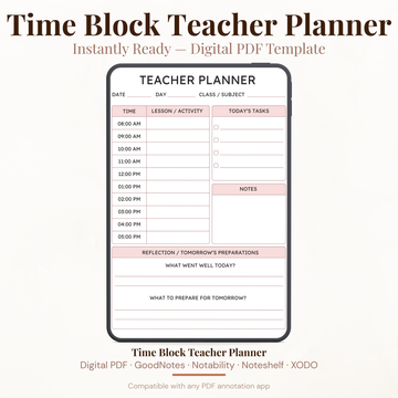 Digital PDF template preview for a Time Block Teacher Planner, shown inside a smartphone frame on a light beige background. The planner has sections for date, day, class/subject, time slots, today's tasks, notes, and reflection prompts.