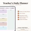 Teacher's Daily Planner digital PDF template preview shown on a smartphone screen mockup, with weekly tabs in soft pastel colors and a notes section. Text on the right lists features such as Monday to Friday planner pages, notes section, minimalist tracker, duplicate page as needed, and instant download.
