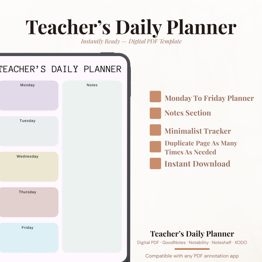 Teacher's Daily Planner digital PDF template preview shown on a smartphone screen mockup, with weekly tabs in soft pastel colors and a notes section. Text on the right lists features such as Monday to Friday planner pages, notes section, minimalist tracker, duplicate page as needed, and instant download.