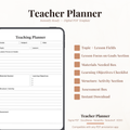 Digital PDF template preview for a Teacher Planner, shown on a smartphone screen mockup with feature callouts on a light beige background.