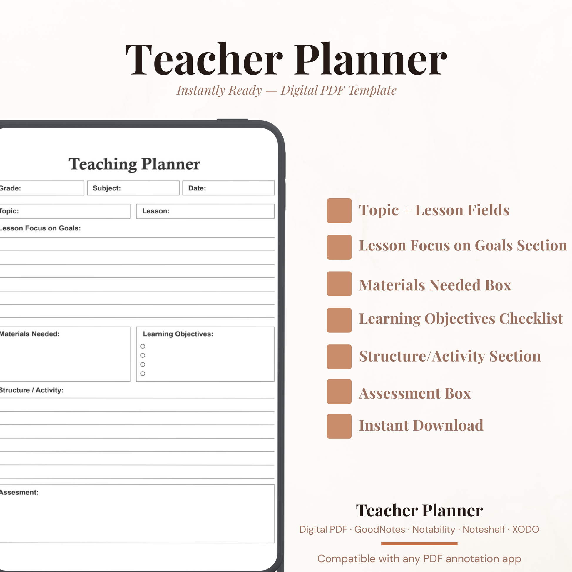 Digital PDF template preview for a Teacher Planner, shown on a smartphone screen mockup with feature callouts on a light beige background.
