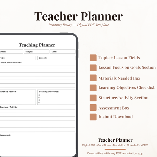 Digital PDF template preview for a Teacher Planner, shown on a smartphone screen mockup with feature callouts on a light beige background.