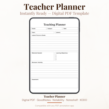 Digital PDF template preview for a Teacher Planner shown inside a smartphone mockup on a light beige background. Text reads 'Teacher Planner', 'Instantly Ready – Digital PDF Template', and 'Compatible with any PDF annotation app'.