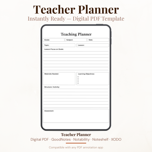 Digital PDF template preview for a Teacher Planner shown inside a smartphone mockup on a light beige background. Text reads 'Teacher Planner', 'Instantly Ready – Digital PDF Template', and 'Compatible with any PDF annotation app'.