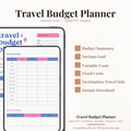 Digital travel budget planner PDF page two shown on iPad featuring fixed costs tracker with item planned actual due date and paid columns including flights lodging travel insurance visa and entry fees airport transfers major tours and tickets car rental and rail pass gear purchases pet and house sitting parking baggage fees and other, plus grand total summary section with planned actual and difference columns — compatible with GoodNotes Notability Noteshelf XODO Samsung Notes and Kindle Scribe
