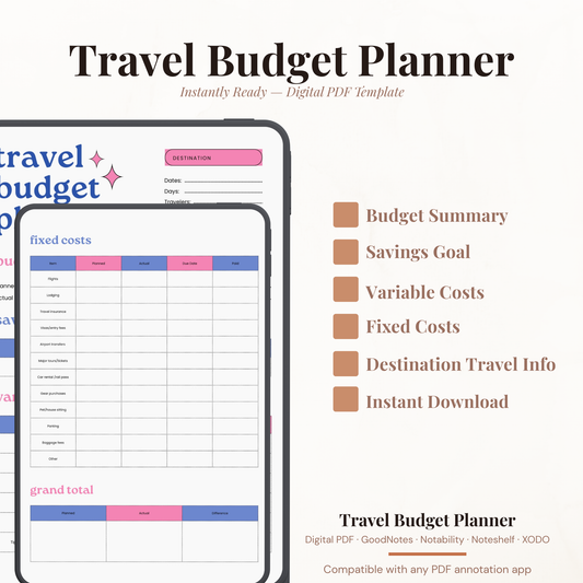 Digital travel budget planner PDF page two shown on iPad featuring fixed costs tracker with item planned actual due date and paid columns including flights lodging travel insurance visa and entry fees airport transfers major tours and tickets car rental and rail pass gear purchases pet and house sitting parking baggage fees and other, plus grand total summary section with planned actual and difference columns — compatible with GoodNotes Notability Noteshelf XODO Samsung Notes and Kindle Scribe