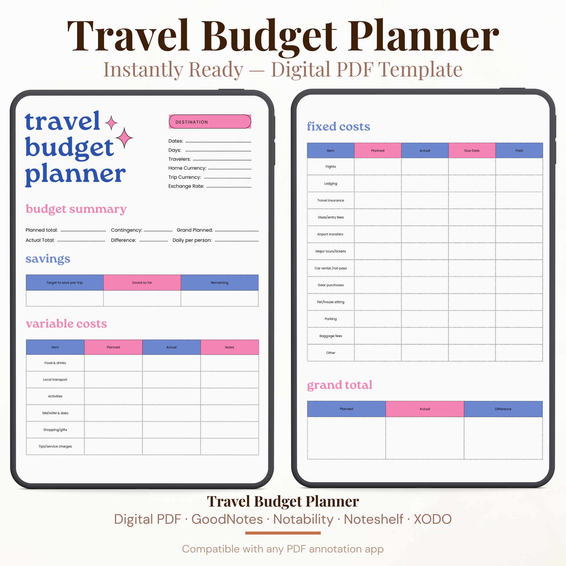 Digital travel budget planner PDF page one shown on iPad featuring a bold purple and pink design with destination field, dates days travelers home currency trip currency and exchange rate fields, budget summary section with planned total actual total contingency difference grand planned and daily per person fields, savings tracker with budget to save per trip saved so far and remaining columns, and variable costs tracker for food and drinks local transport activities shelter and accommodation shopping.
