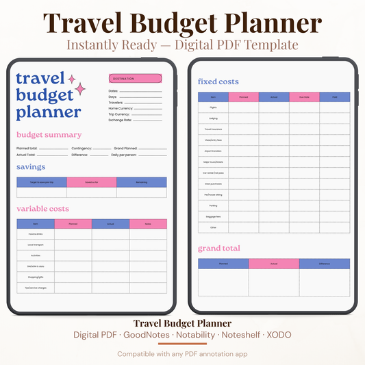 Digital travel budget planner PDF page one shown on iPad featuring a bold purple and pink design with destination field, dates days travelers home currency trip currency and exchange rate fields, budget summary section with planned total actual total contingency difference grand planned and daily per person fields, savings tracker with budget to save per trip saved so far and remaining columns, and variable costs tracker for food and drinks local transport activities shelter and accommodation shopping.