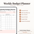 Digital weekly budget planner PDF shown on iPad featuring a clean minimalist white and blush pink design with week of and month fields financial goal for the week field with budget field daily spending log table with days from Monday through Sunday category budgeted actual saved and reflection columns and my notes section at the bottom — compatible with GoodNotes Notability Noteshelf XODO Samsung Notes and Kindle Scribe