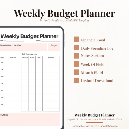 Digital weekly budget planner PDF shown on iPad featuring a clean minimalist white and blush pink design with week of and month fields financial goal for the week field with budget field daily spending log table with days from Monday through Sunday category budgeted actual saved and reflection columns and my notes section at the bottom — compatible with GoodNotes Notability Noteshelf XODO Samsung Notes and Kindle Scribe