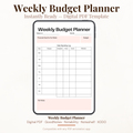 Digital weekly budget planner PDF shown on iPad featuring a clean minimalist white and blush pink design with week of and month fields financial goal for the week field with budget field daily spending log table with days from Monday through Sunday category budgeted actual saved and reflection columns and my notes section at the bottom — compatible with GoodNotes Notability Noteshelf XODO Samsung Notes and Kindle Scribe
