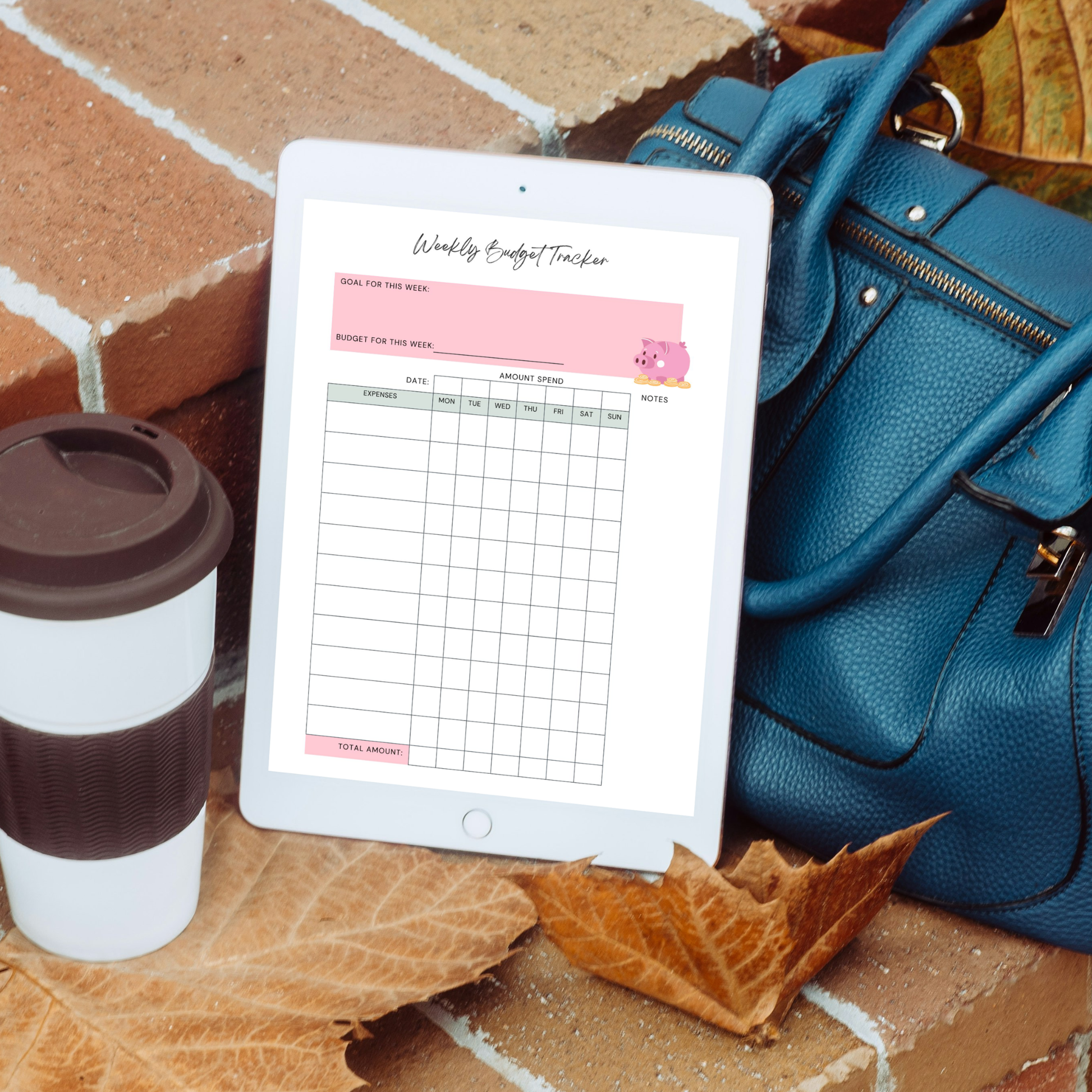 Digital weekly budget tracker PDF shown on iPad featuring a pink and sage green design with a cute piggy bank illustration, goal for this week field, budget for this week field, weekly expense log with expenses column and daily amount spend columns for Monday through Sunday, notes column and total amount row — compatible with GoodNotes, Notability, Noteshelf and XODO