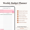 Digital weekly budget tracker PDF shown on iPad featuring a pink and sage green design with a cute piggy bank illustration, goal for this week field, budget for this week field, weekly expense log with expenses column and daily amount spend columns for Monday through Sunday, notes column and total amount row — compatible with GoodNotes, Notability, Noteshelf and XODO