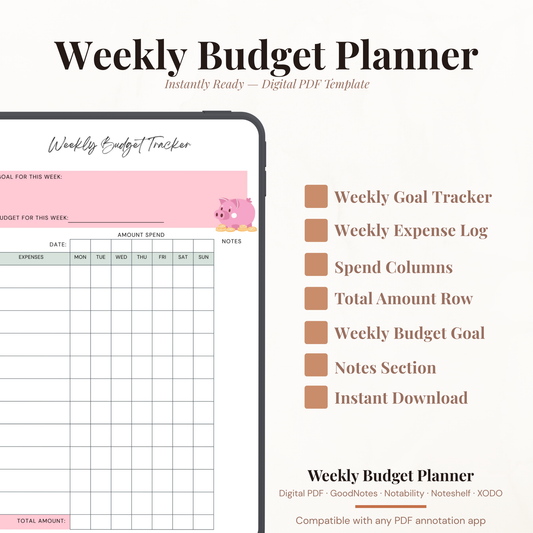 Digital weekly budget tracker PDF shown on iPad featuring a pink and sage green design with a cute piggy bank illustration, goal for this week field, budget for this week field, weekly expense log with expenses column and daily amount spend columns for Monday through Sunday, notes column and total amount row — compatible with GoodNotes, Notability, Noteshelf and XODO