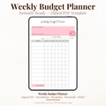 Digital weekly budget tracker PDF shown on iPad featuring a pink and sage green design with a cute piggy bank illustration, goal for this week field, budget for this week field, weekly expense log with expenses column and daily amount spend columns for Monday through Sunday, notes column and total amount row — compatible with GoodNotes, Notability, Noteshelf and XODO