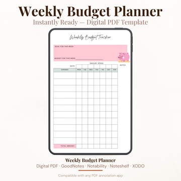 Digital weekly budget tracker PDF shown on iPad featuring a pink and sage green design with a cute piggy bank illustration, goal for this week field, budget for this week field, weekly expense log with expenses column and daily amount spend columns for Monday through Sunday, notes column and total amount row — compatible with GoodNotes, Notability, Noteshelf and XODO