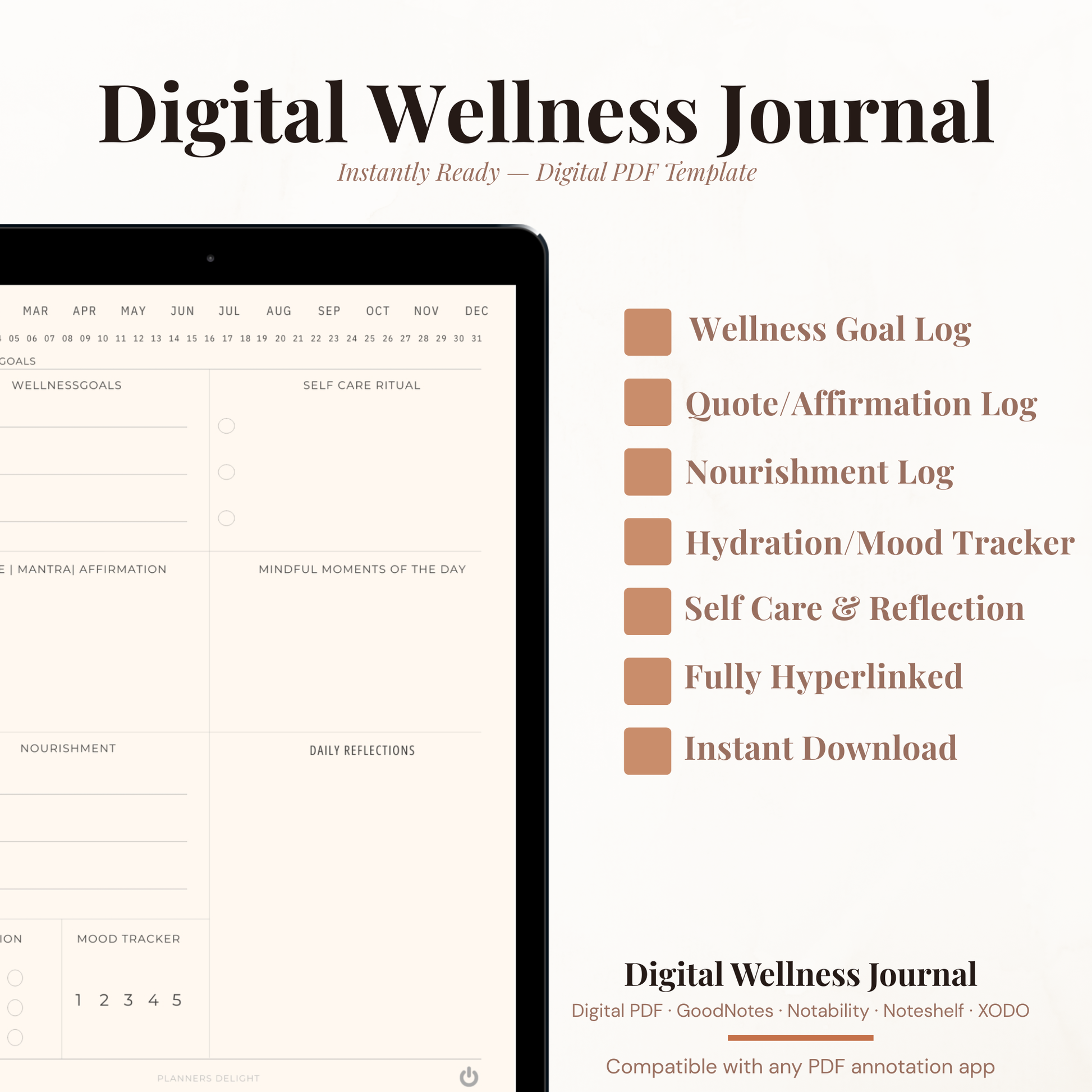 Digital Wellness Journal PDF for iPad - Wellness Goals Self Care Ritual Affirmations Mood Tracker GoodNotes Instant Download