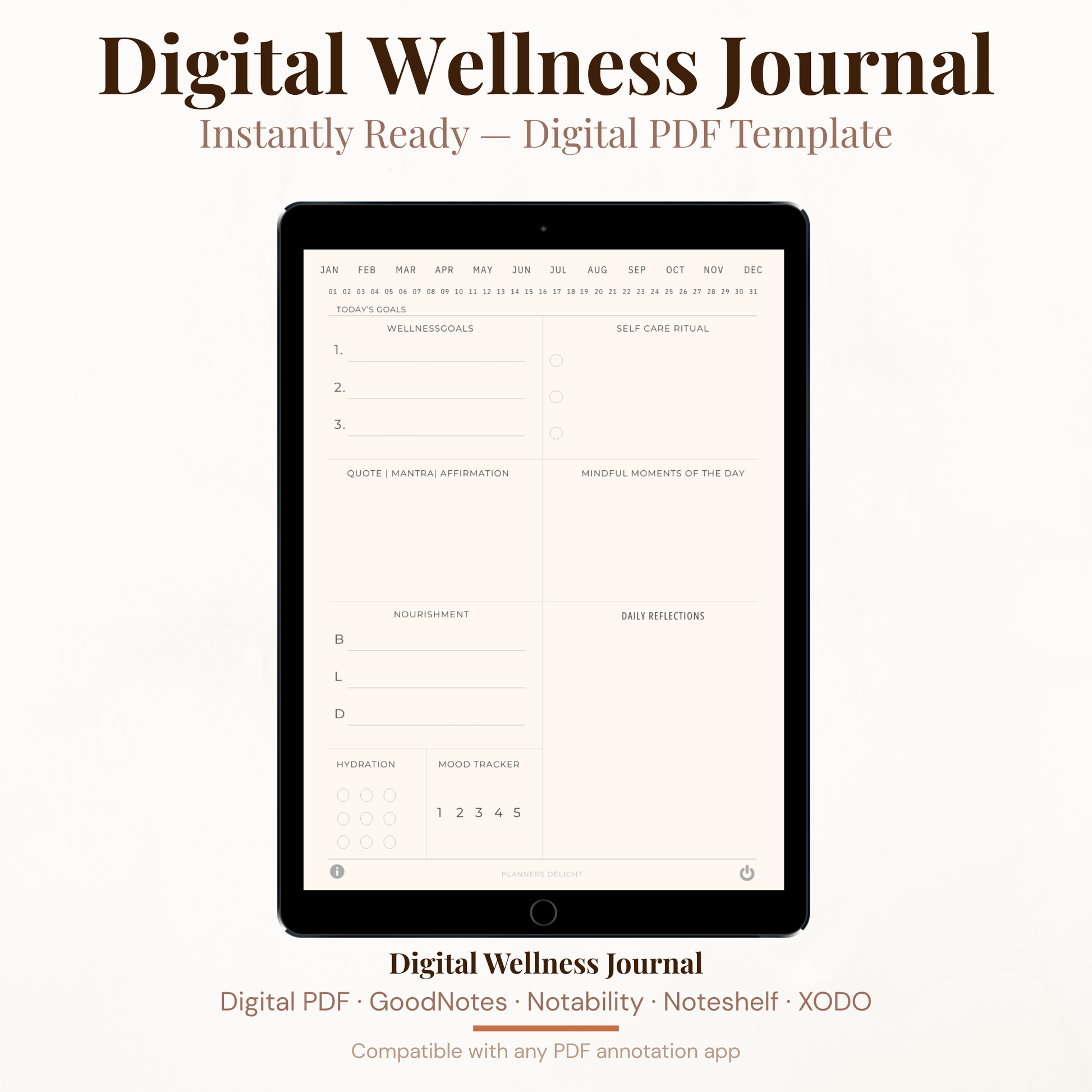 Digital Wellness Journal PDF for iPad - Wellness Goals Self Care Ritual Affirmations Mood Tracker GoodNotes Instant Download