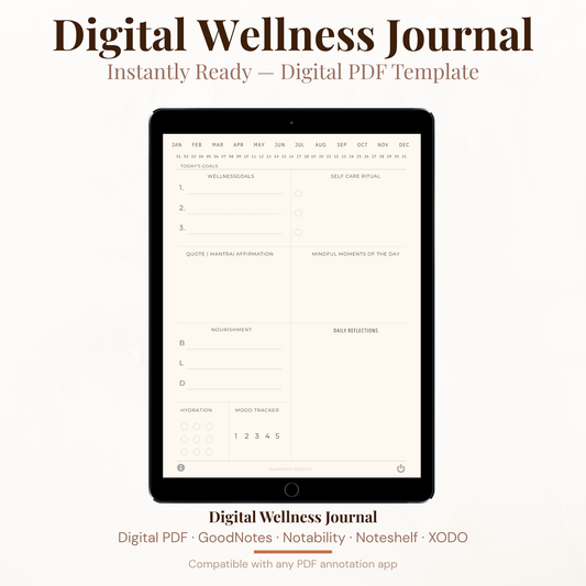 Digital Wellness Journal PDF for iPad - Wellness Goals Self Care Ritual Affirmations Mood Tracker GoodNotes Instant Download